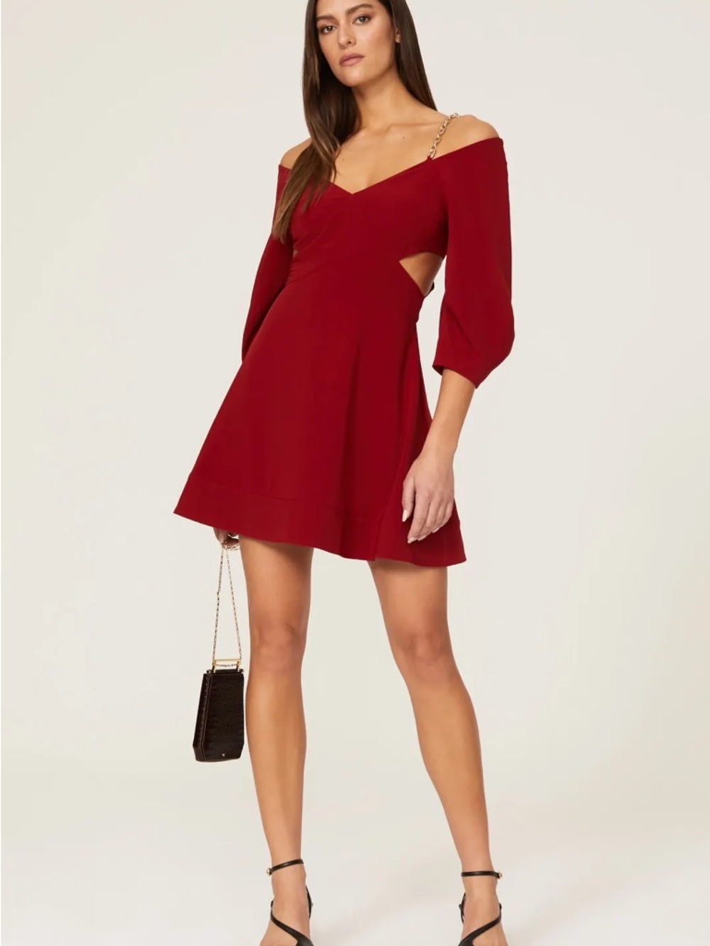 Off-Shoulder Cutout Mini Dress in Wine Red